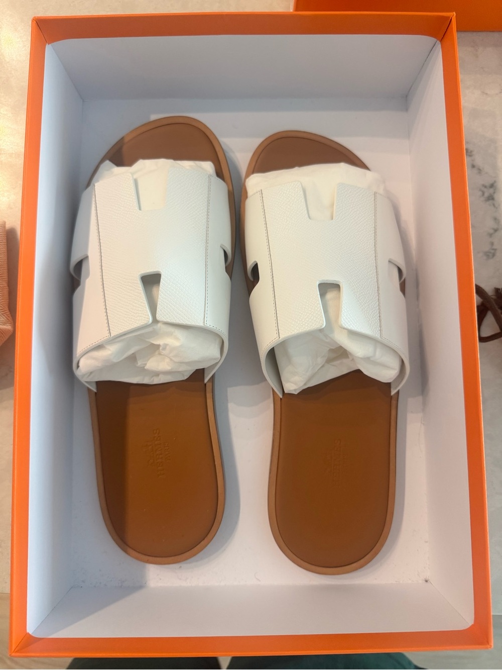 Hermes White Leather H Sandals with Tan Footbed